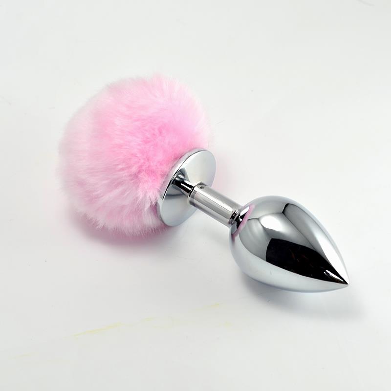 Plug anal en métal avec pompom rose - Taille S