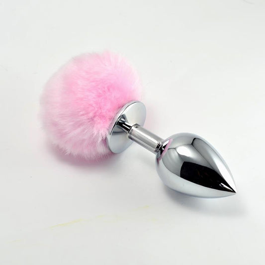 Plug anal en métal avec pompom rose - Taille S